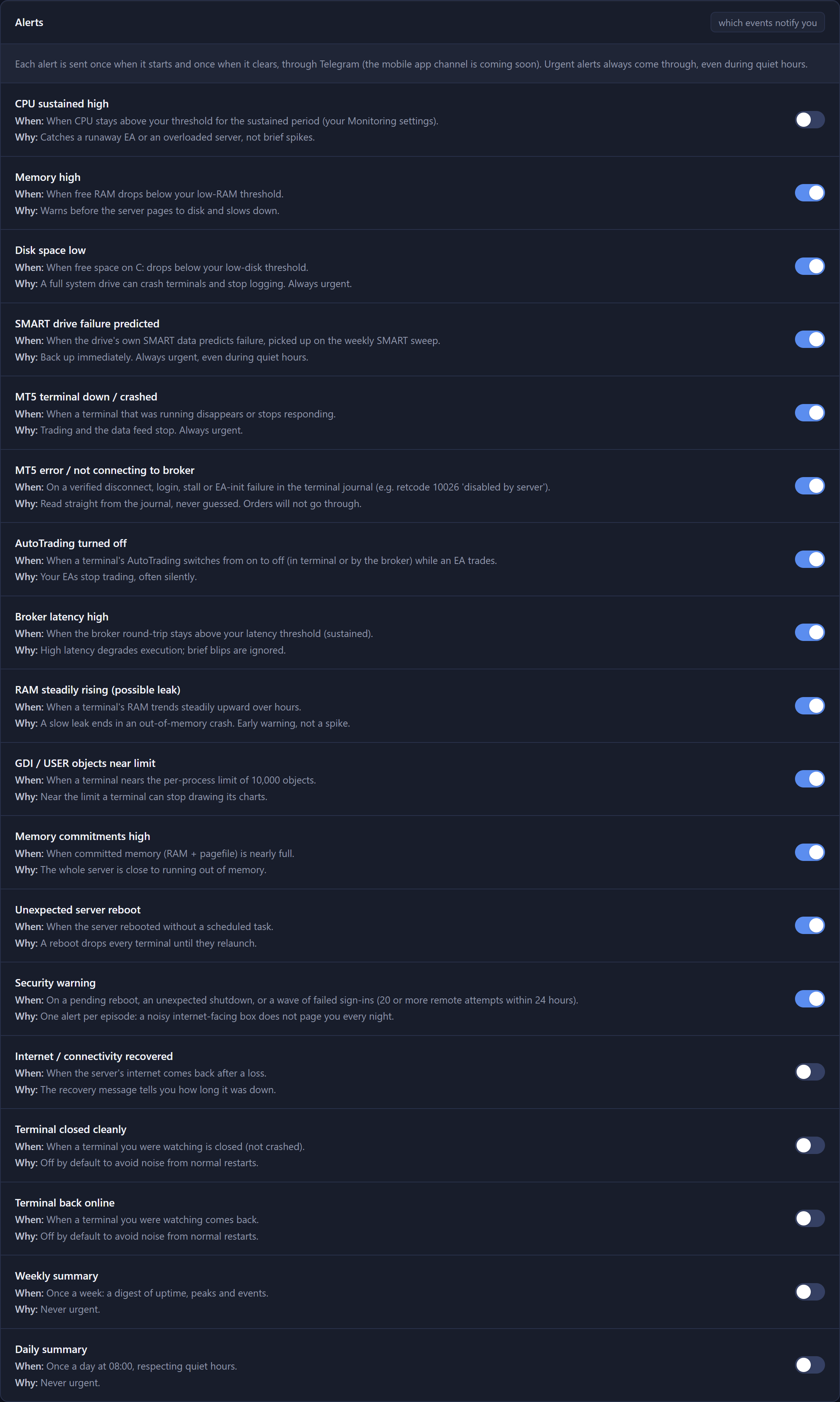 The alert settings in dark mode