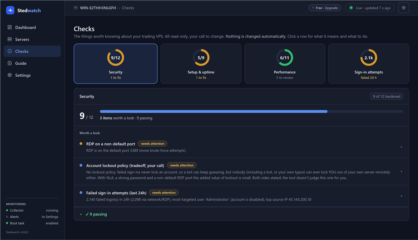 The Checks page in dark mode