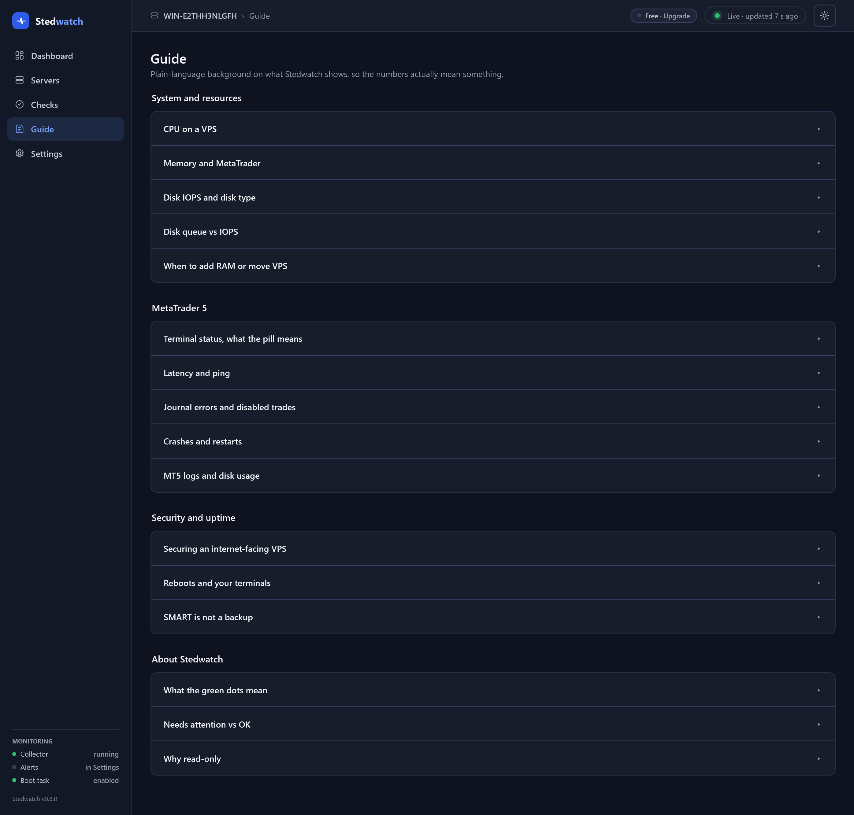 The built-in guide in dark mode