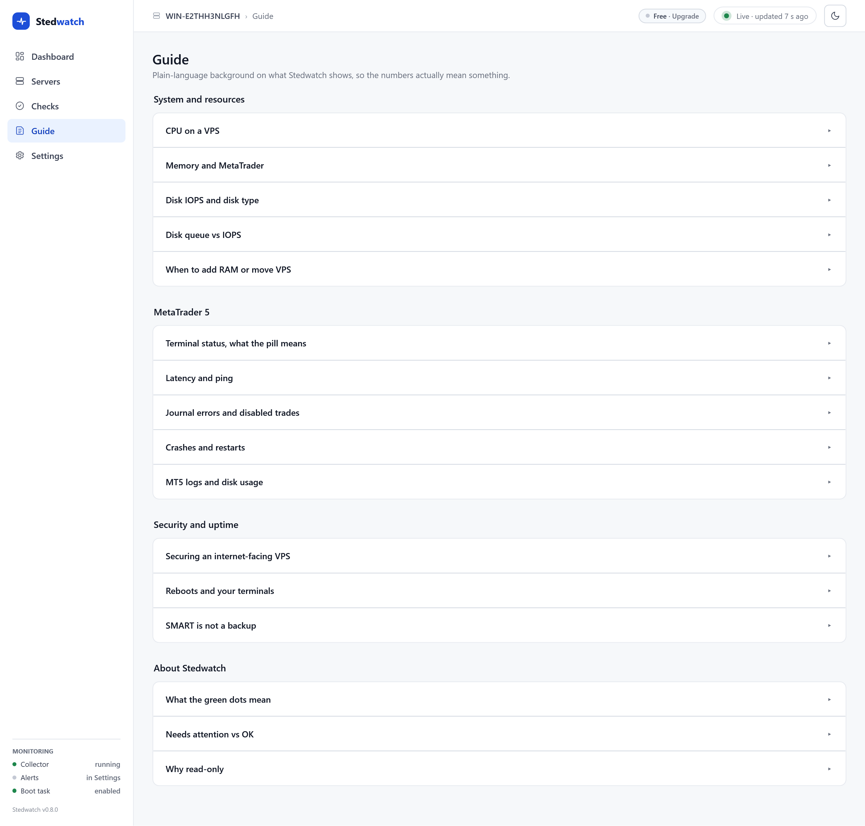 The built-in guide: plain-language articles like CPU on a VPS, when to add RAM, reboots and your terminals, why read-only