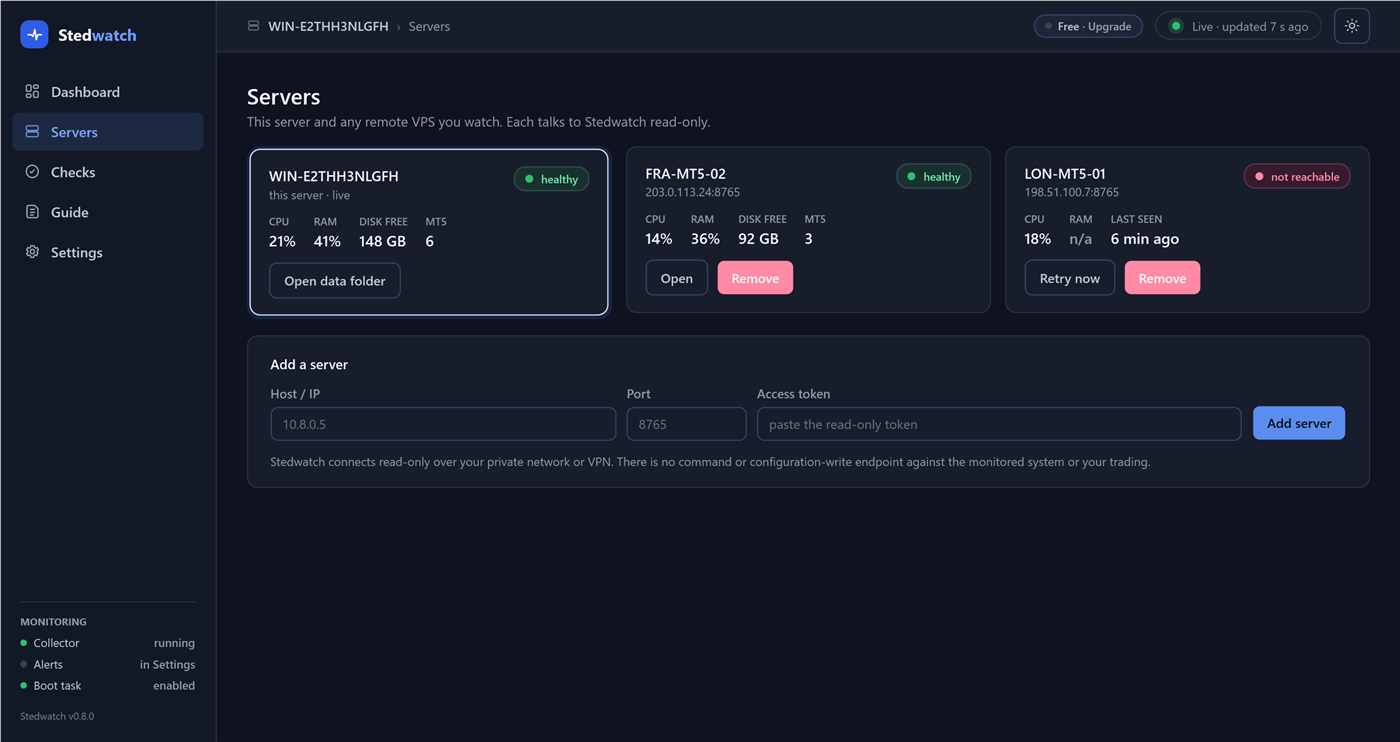 The Servers page in dark mode