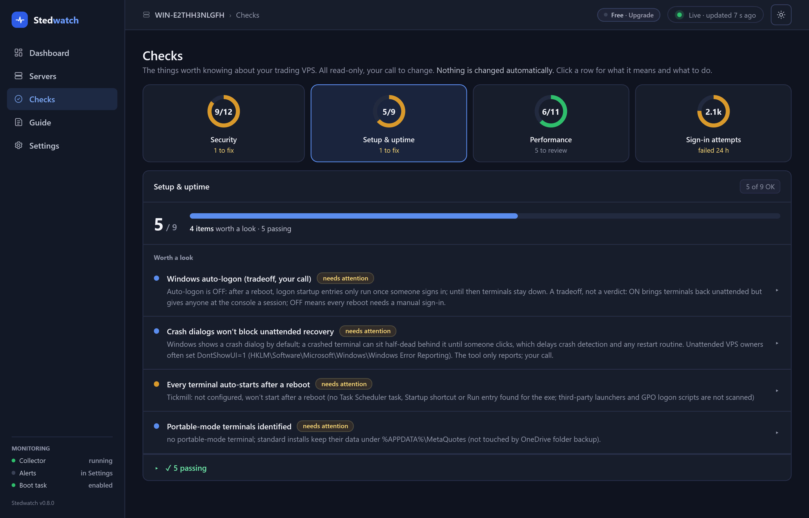 Setup and uptime checks in dark mode